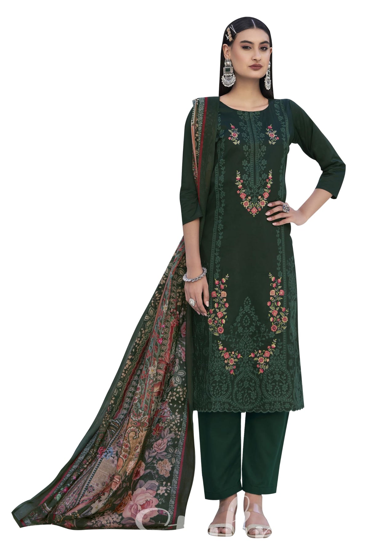 DRAVINAM Trends Women's Unstitched Jam Cotton Embroidered Suit Material - Jam Cotton Heavy Embroidered Cutwork Shirt II Rayon Bottoms II Cotton Printed Dupatta