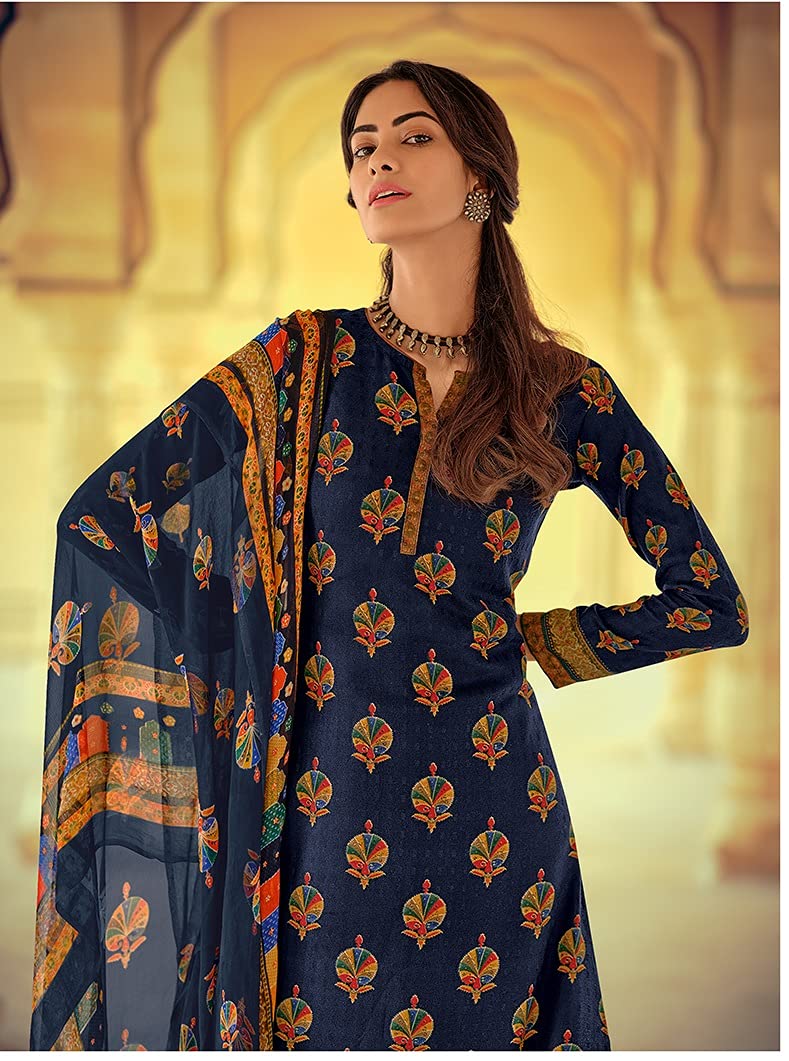DRAVINAM Trends Women’s winter wear woollen Unstitched Salwar Suit dress material with printed bemberg chiffon Dupatta/Chunni (Free size_blue)