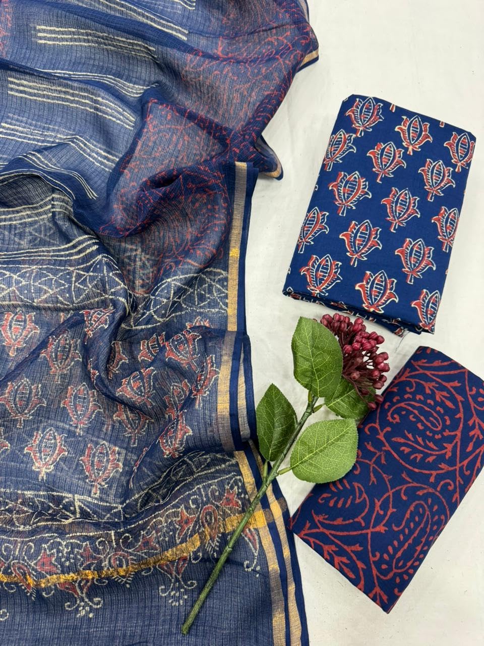 DRAVINAM Trends Sanganeri Hand Block Print Pure Cambric Unstitched Cotton Suit Dress Material with Kota Doriya Hand Printed Dupatta