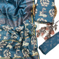 Women's Chanderi Silk Blend Unstitched Salwar Suit Material | Traditional Animal & Floral Block Print Kurta Set with Zari Border Dupatta (Teal Blue)
