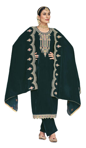 DRAVINAM Trends Women's Heavy Embroidered Pure Velvet Unstitched Salwar Suit Dress Materail with Unstitch Bottoms and Embroidered Shawl Dupatta