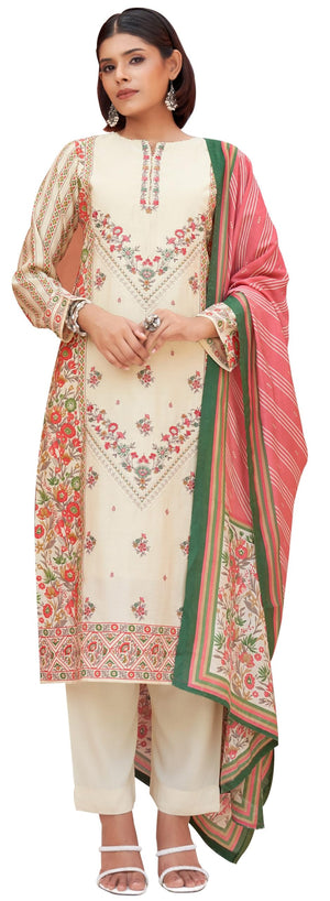 DRAVINAM Trends Women's Unstitched Masline Embroidered Suit Material - Viscose Maslin Embroidered Printed Shirt II Maslin Bottoms II Maslin Digital Printed Dupatta