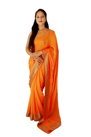 DRAVINAM Trends Women's Stone Work Vichitra Silk Saree with Unstitched Blouse Piece