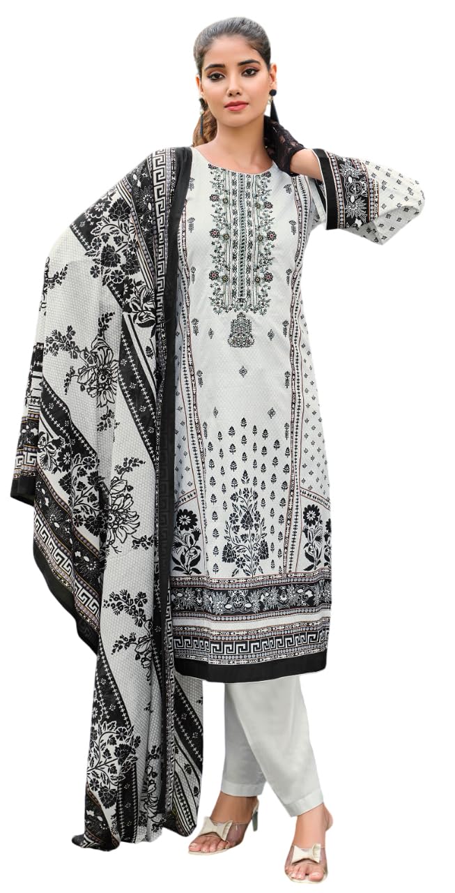 DRAVINAM Trends Women's Pure Karachi Lawn Cambric Digital Print with Pakistani Embroidery Unstitched Ladies Salwar Suit Dress Material with Lawn Cotton Dupatta