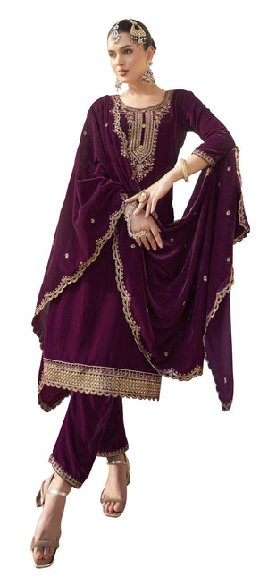 DRAVINAM Trends Women's Unstitched Premium Velvet Embroidered Salwar Suit Dress Material With Dupatta and Unstitch Bottoms