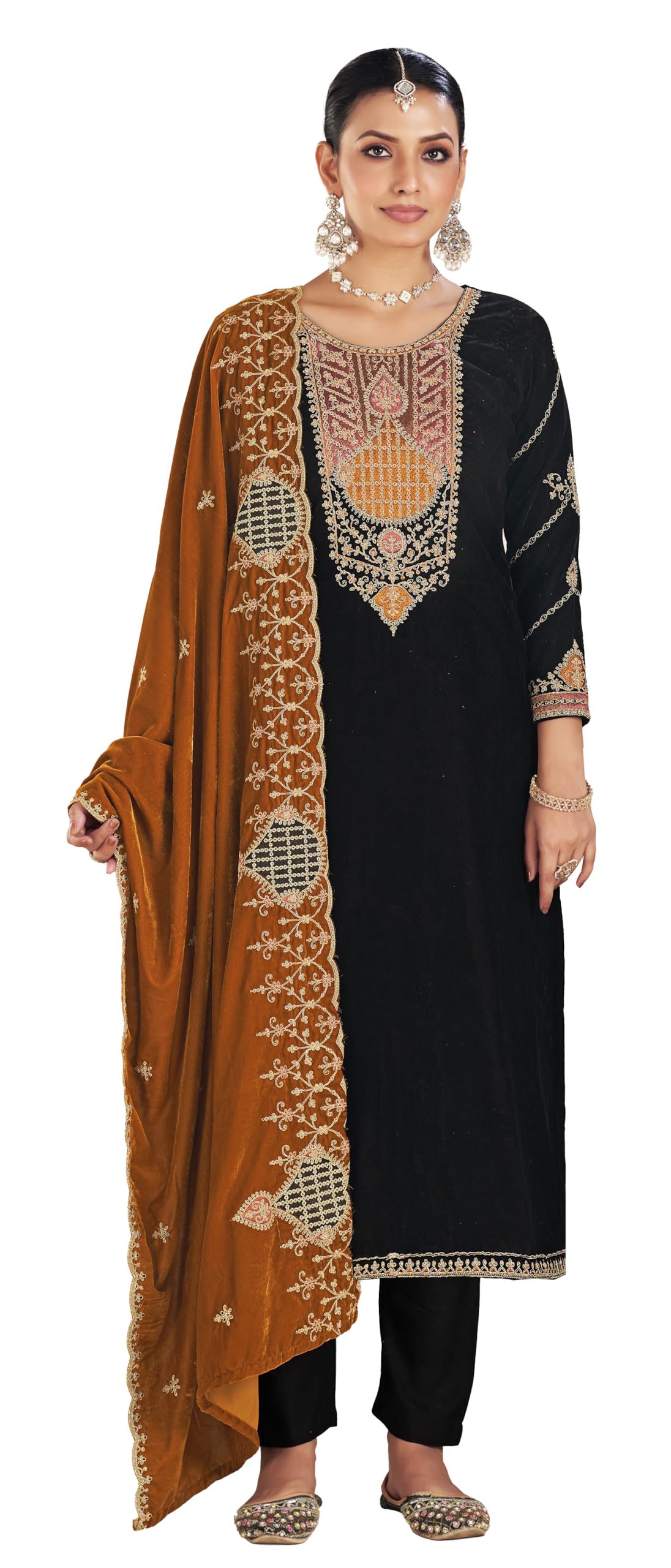 DRAVINAM Trends Women's Unstitch Premium Velvet Fancy Embroidery Winter Wear Salwar Suit Material With Unstitch Bottoms and Piping Dupatta