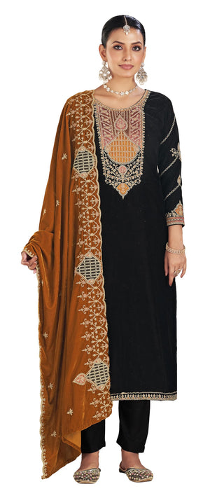 DRAVINAM Trends Women's Unstitch Premium Velvet Fancy Embroidery Winter Wear Salwar Suit Material With Unstitch Bottoms and Piping Dupatta