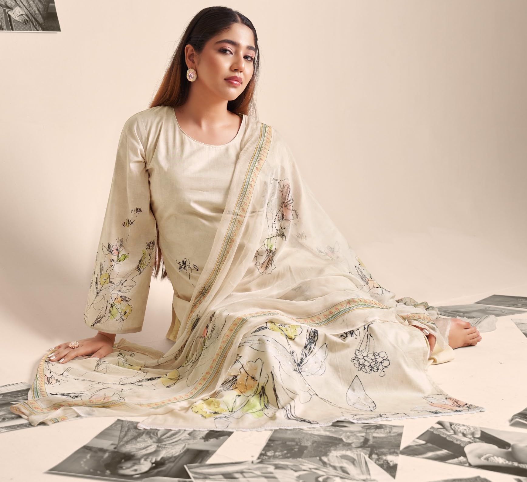 DRAVINAM Trends Unstitch Suit Dress Material for Women II Handcrafted Sequence Cambric Lawn Cotton Top II Cambric Cotton Unstitch Bottom II Pure Bemberg Dupatta