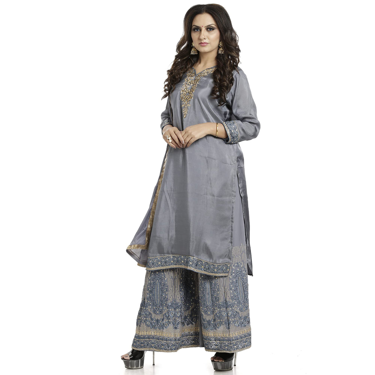 DRAVINAM Trends Upada Silk Sharara Suit Women | Diamond Work Upada Silk Short Kurta with Georgette Zari embroidered Sharara Plazzo and Chinon Dupatta (Stitched Sharara)