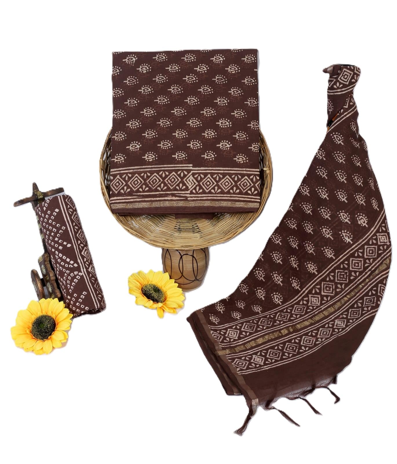 Women's Elegant Beige and Black Chanderi Block Printed Unstitched Salwar Suit Dress Material with Cotton Bottom & Zari Border Dupatta