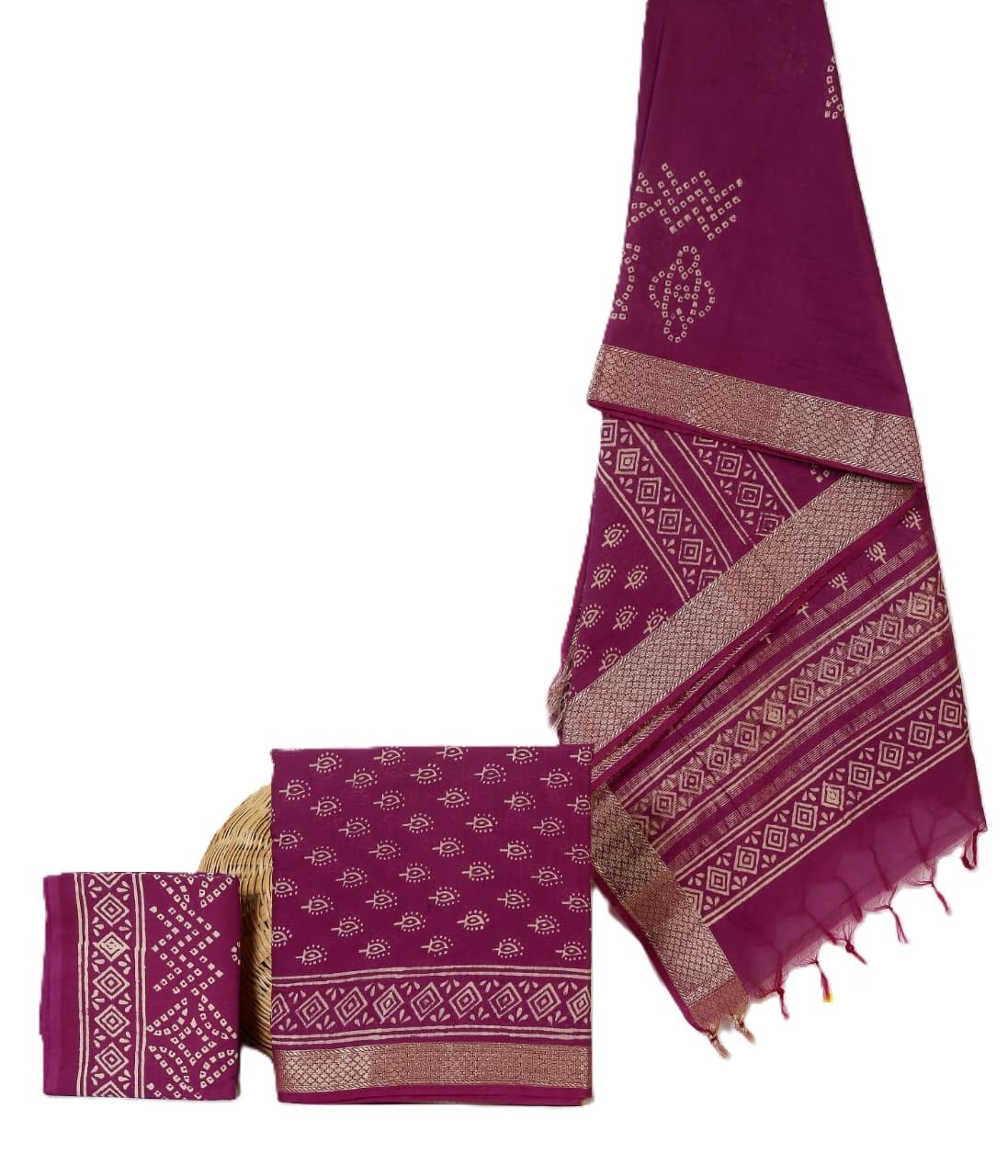 Women's Elegant Red Maheshwari Block Botanical Printed Unstitched Salwar Suit Dress Material with cotton Bottom & Zari Border Dupatta