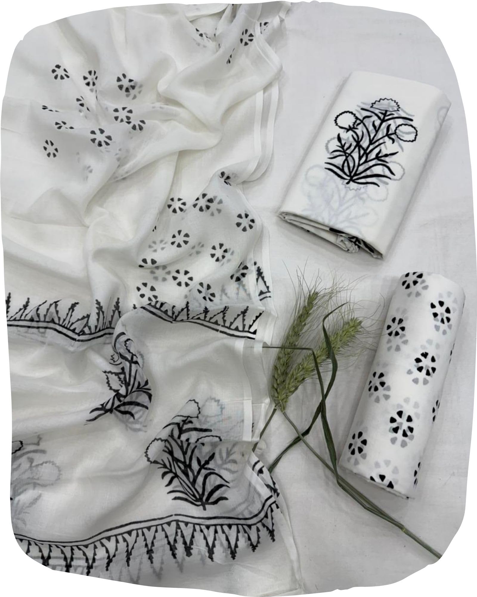 Hand Block Print Sanganeri Cambric Unstitched Cotton Suit Dress Material for Women with Mulmul Cotton Hand Printed Dupatta