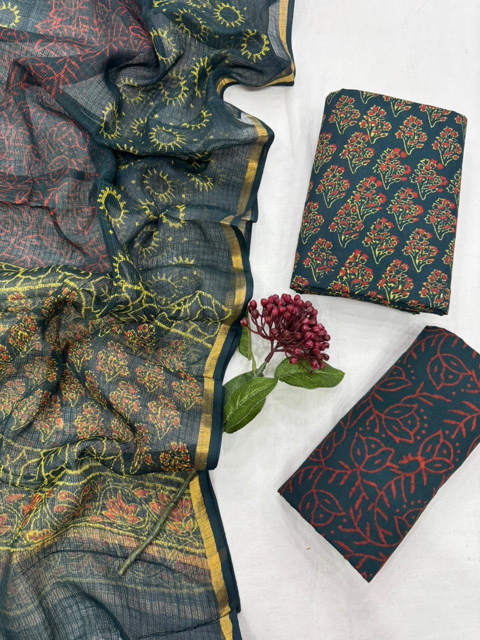 DRAVINAM Trends Sanganeri Hand Block Print Pure Cambric Unstitched Cotton Suit Dress Material with Kota Doriya Hand Printed Dupatta