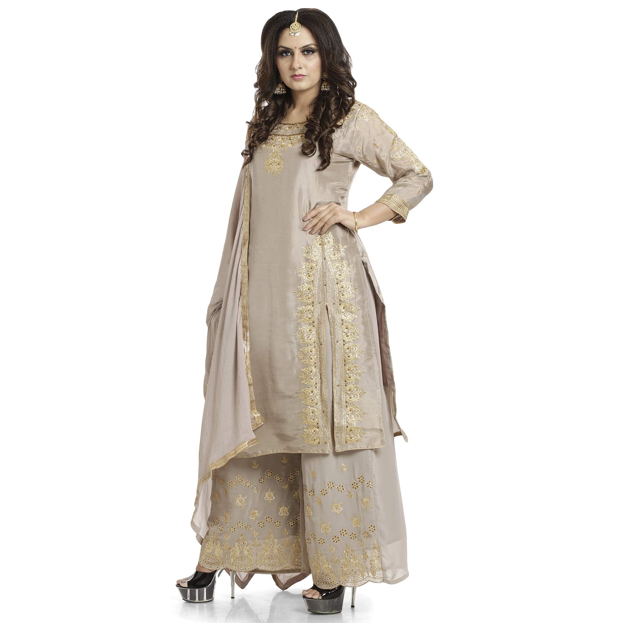 DRAVINAM Trends Women's Upada Silk Heavy Embroidered Stone Work Sharara Gharara Palazzo Suit Material with Dupatta (Fully Stitched Palazzo Max Waist size 44") (Grey)
