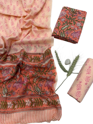 DRAVINAM Trends Hand Block Print Sanganeri Cambric Unstitched Cotton Suit Dress Material for Women with Mulmul Cotton Hand Printed Dupatta