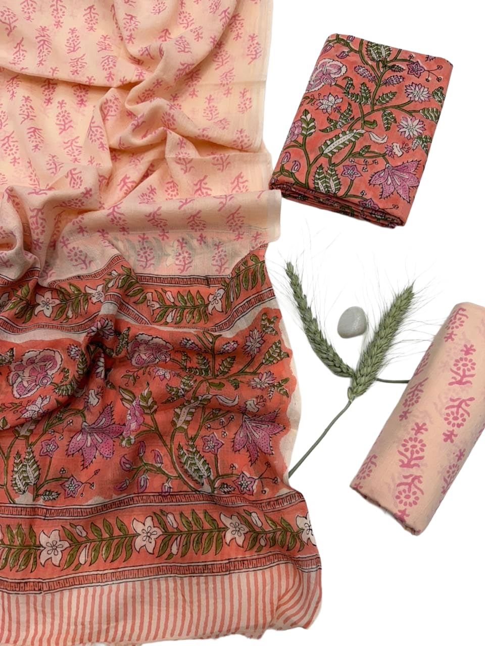 DRAVINAM Trends Hand Block Print Sanganeri Cambric Unstitched Cotton Suit Dress Material for Women with Mulmul Cotton Hand Printed Dupatta