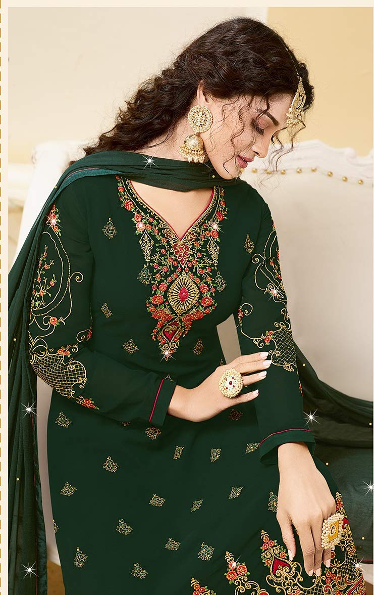 DRAVINAM Trends Women's Heavy Embroidered Pure Georgette Sharara Salwar Suit Dress Material with Heavy Embroidered Pure Georgette Dupatta (Free size_Maroonish red)