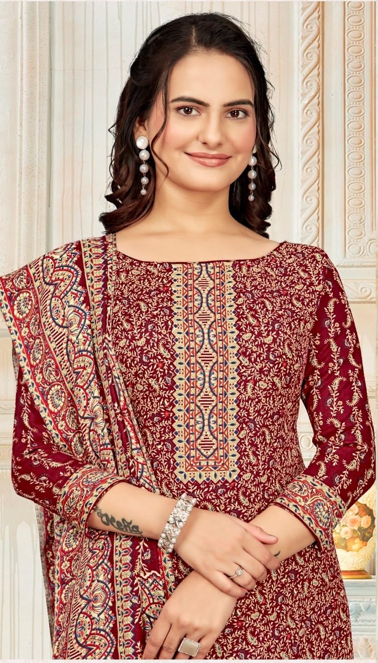 DRAVINAM Trends Women's Unstitched Winter Wear Kaani Digital Printed Heavy Woolen Pashmina Salwar Suit Dress Material with Printed Shawl Dupatta