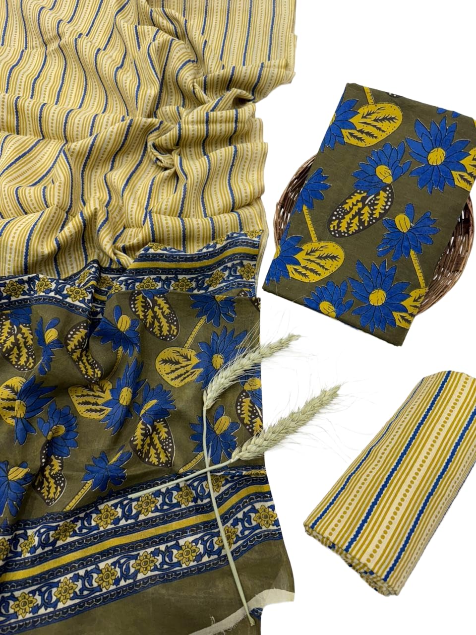DRAVINAM Trends Hand Block Print Jaipuri Cambric Unstitched Cotton Suit Dress Material for Women with Mulmul Cotton Hand Printed Dupatta