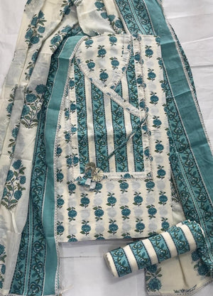 DRAVINAM Trends Women's Premium Cotton Unstitched Salwar Suit Dress Material Set | Traditional Jaipuri Block Print Angrakha Style Suit Material (Off White and Green)