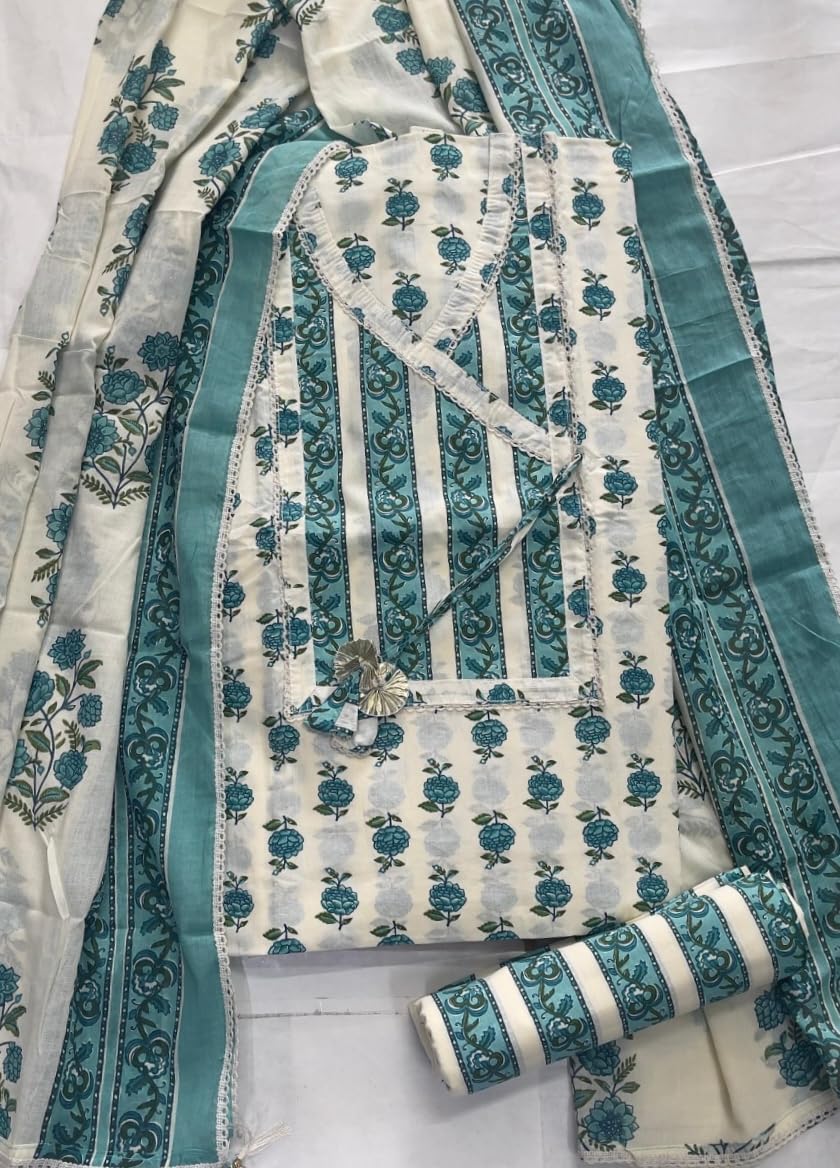 DRAVINAM Trends Women's Premium Cotton Unstitched Salwar Suit Dress Material Set | Traditional Jaipuri Block Print Angrakha Style Suit Material (Off White and Green)