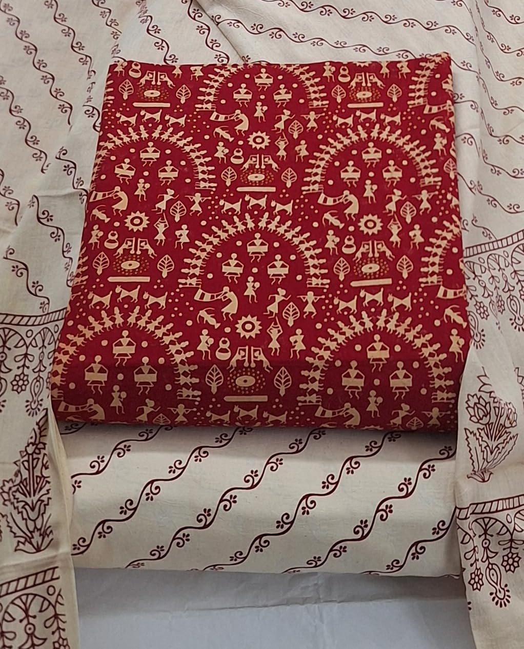 DRAVINAM Trends Women's Premium Cotton Unstitched Salwar Suit Dress Material Set | Traditional Rajasthani Gujari Block Print (Red & Mustard Yellow)