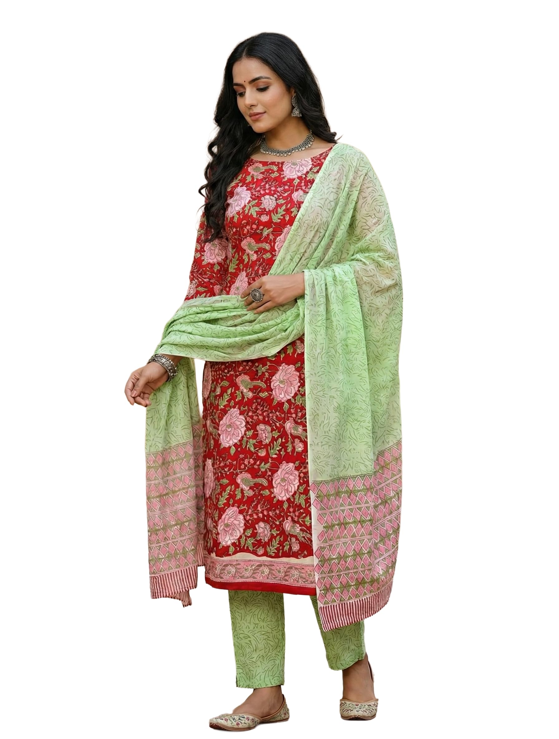 DRAVINAM Trends Hand Block Print Sanganeri Cambric Unstitched Cotton Suit Dress Material for Women with Mulmul Cotton Hand Printed Dupatta