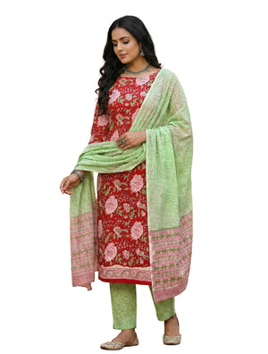 DRAVINAM Trends Hand Block Print Sanganeri Cambric Unstitched Cotton Suit Dress Material for Women with Mulmul Cotton Hand Printed Dupatta