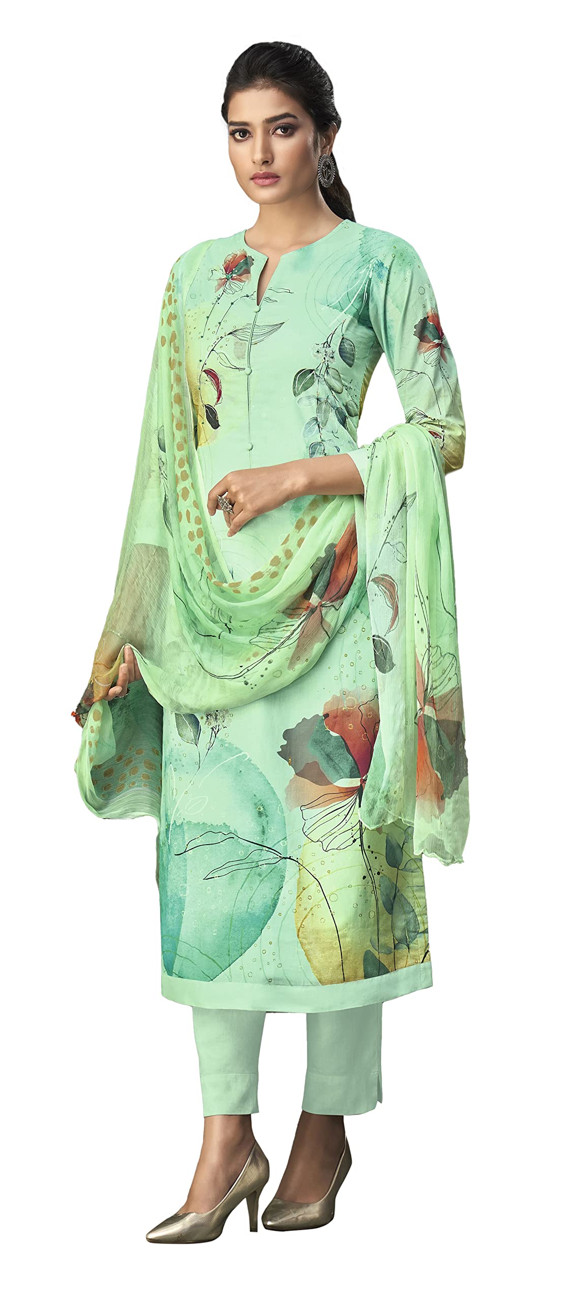 DRAVINAM Trends Women's Unstitched Hand Embroidered Digital Printed Pure Cambric Cotton Palazzo Suit Dress Material with Digital Printed Half Pure Dupatta (Sea Green)