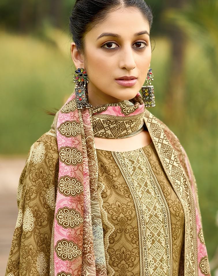 DRAVINAM Trends Women's Unstitched Winter Wear Swaroski Diamond Work Pakistani Woollen Pashmina Salwar Suit Dress Material with Twill Pashmina Printed Shawl Dupatta