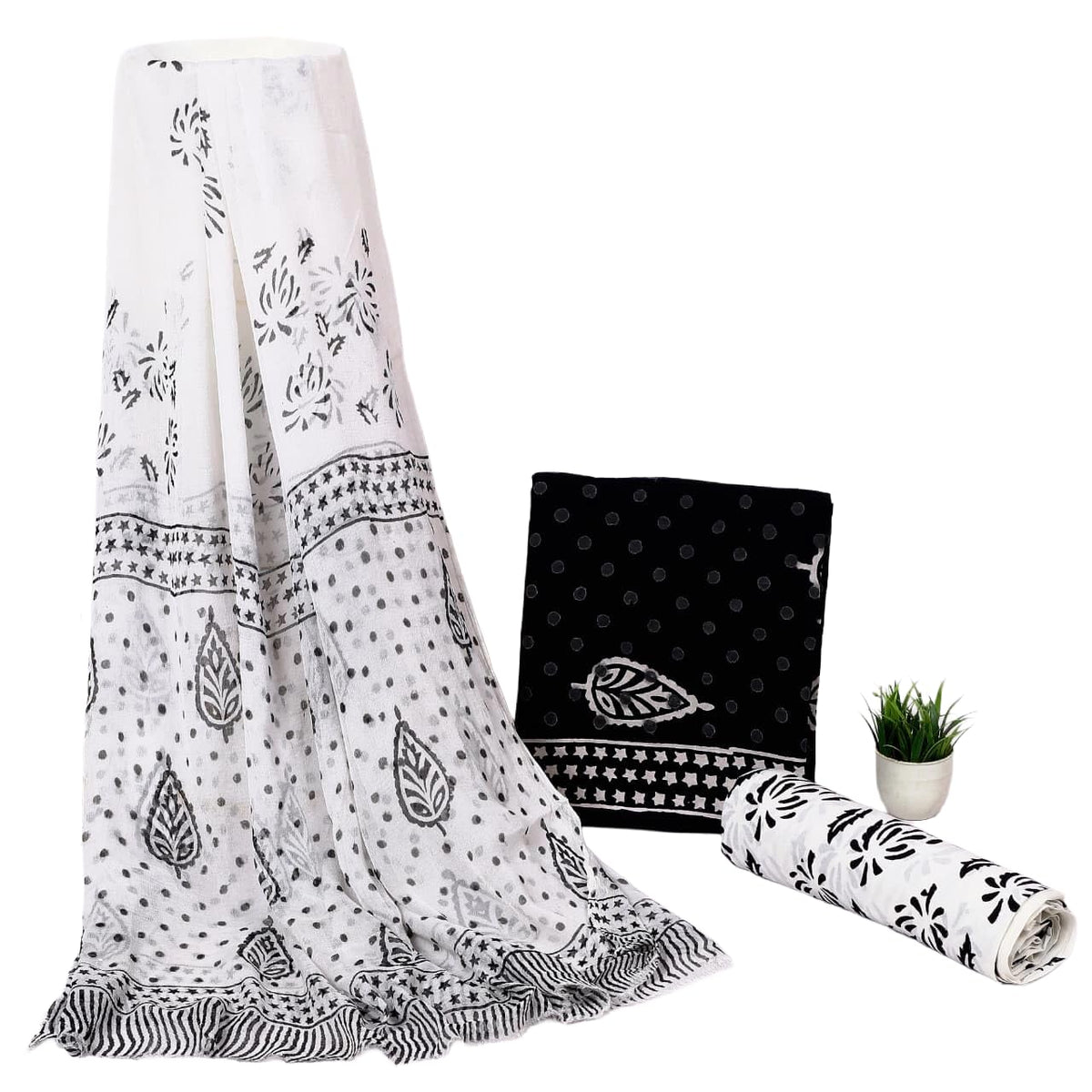 DRAVINAM Trends Hand Block Print Cambric Cotton Unstitched Salwar Suit Set for Women with Pure Chiffon Hand Printed Dupatta