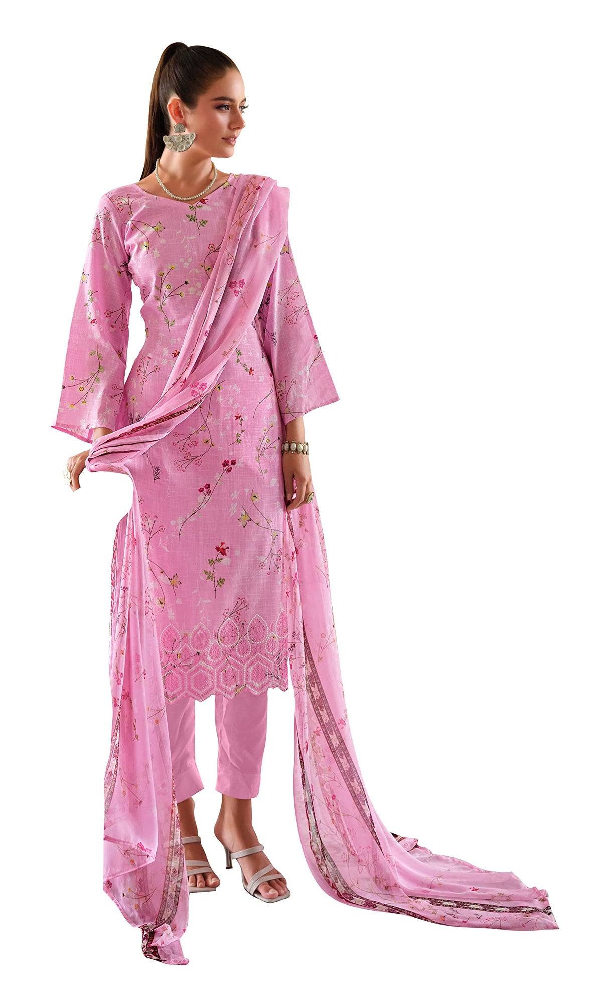 DRAVINAM Trends Unstitched Printed Embroidery Work Cotton Salwar Suits Dress Material with Chiffon Dupatta (Pink)