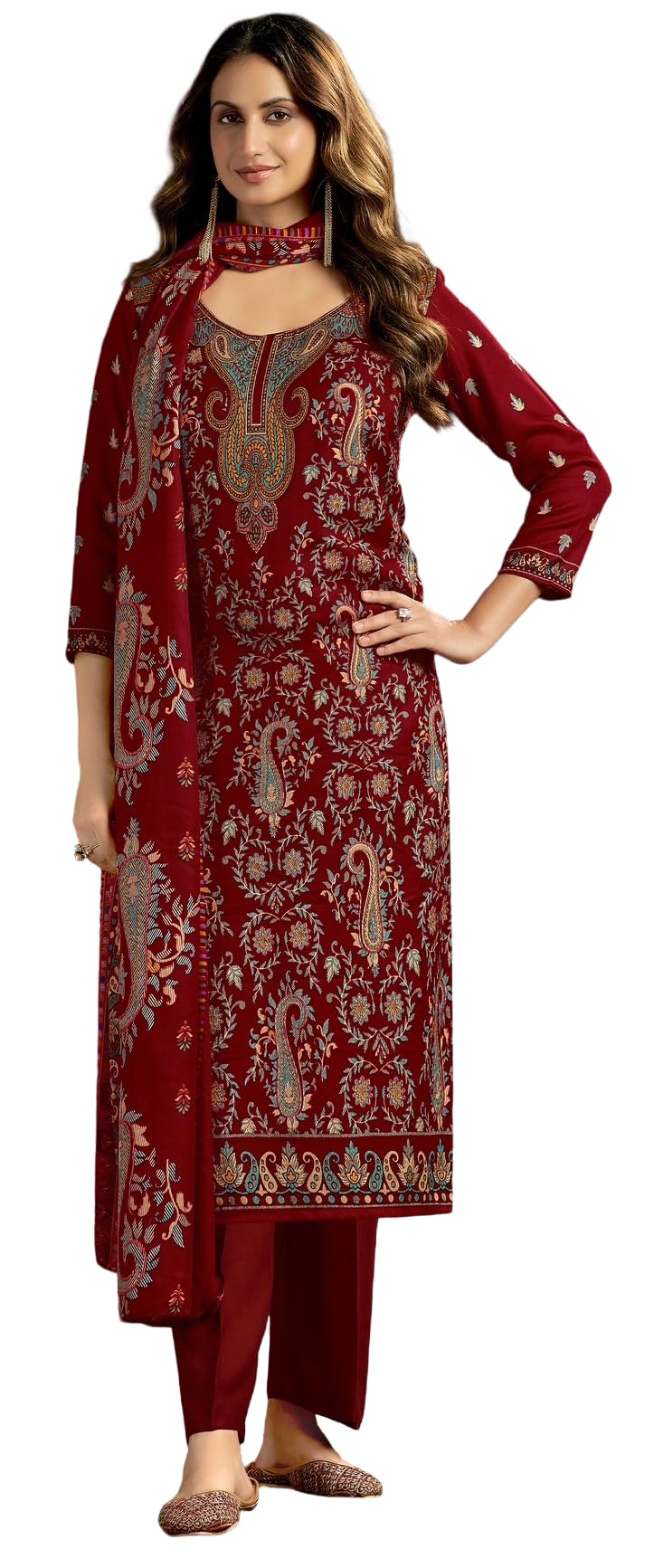 DRAVINAM Trends Women's Unstitched Winter Wear Kashmiri Kani Printed Heavy Woolen Pashmina Salwar Suit Dress Material with Printed Shawl Dupatta