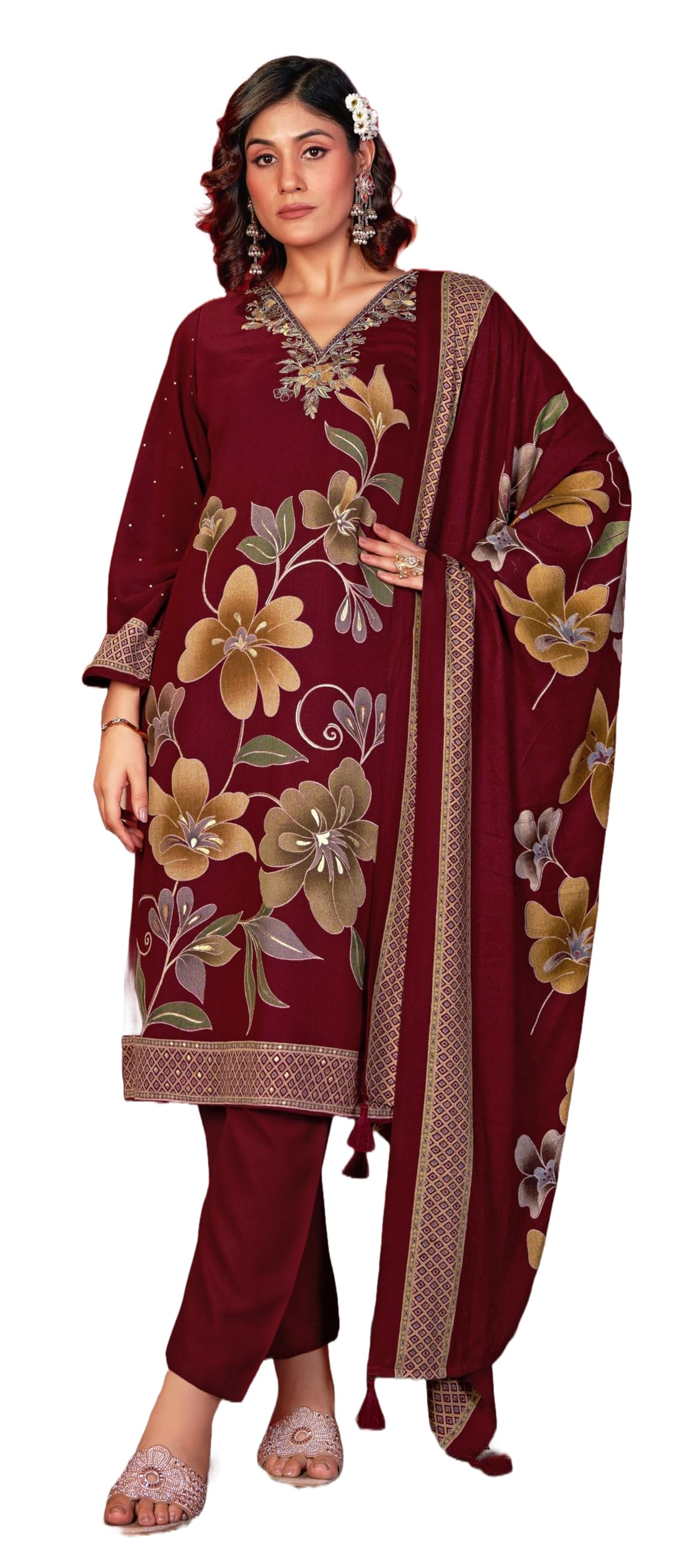 DRAVINAM Trends Women's Winter Wear Unstitched Digital Floral Printed Embroidered Viscose Pashmina Woollen Salwar Suit Dress Material with Pashmina Digital Printed Brasso Shawl Dupatta