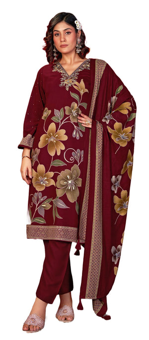 DRAVINAM Trends Women's Winter Wear Unstitched Digital Floral Printed Embroidered Viscose Pashmina Woollen Salwar Suit Dress Material with Pashmina Digital Printed Brasso Shawl Dupatta