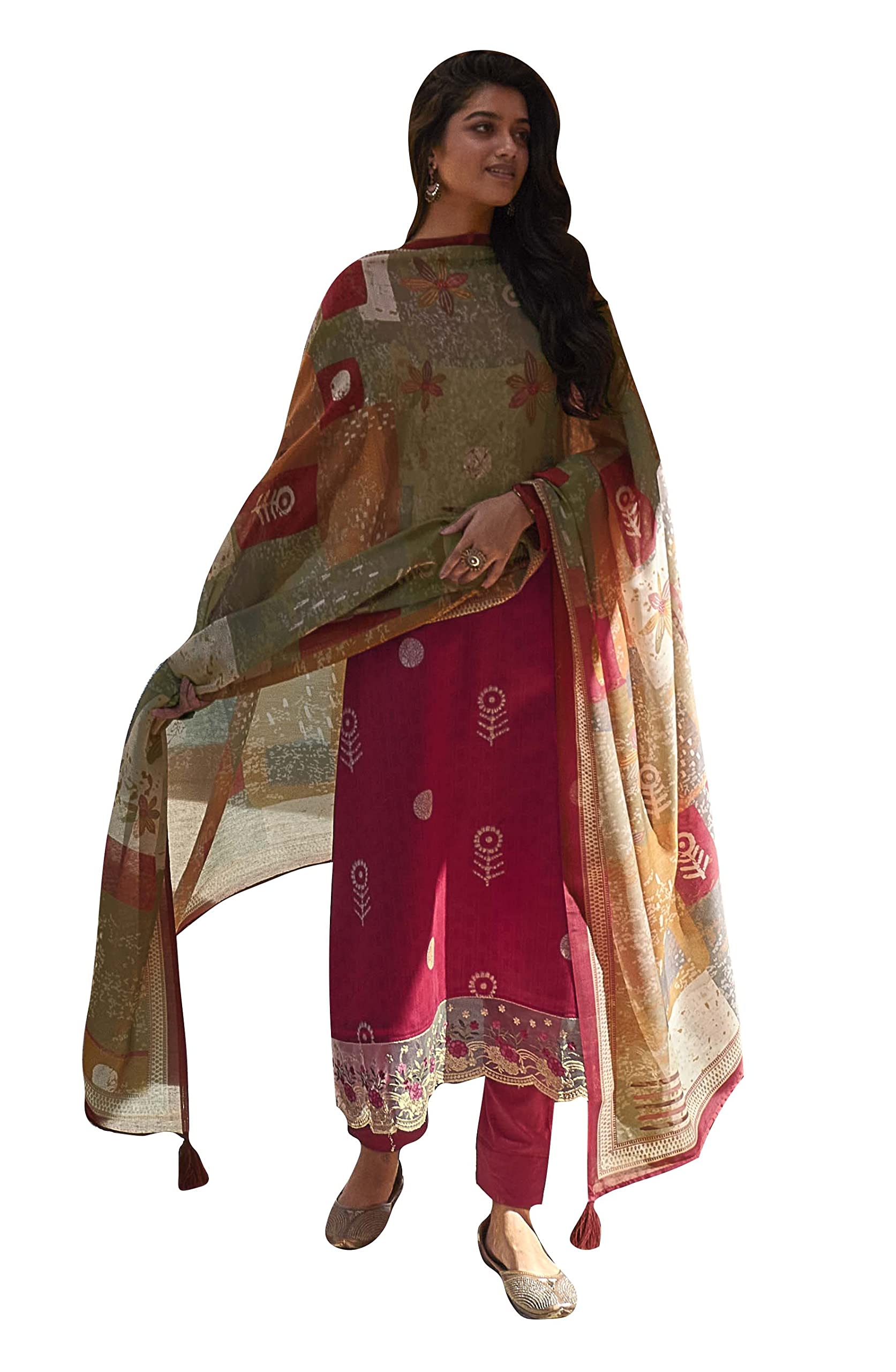 Women's Unstitch Digital Printed Jam Cotton Suit Fabric with Embroidery and Masline Dupatta/Chunni (Red)