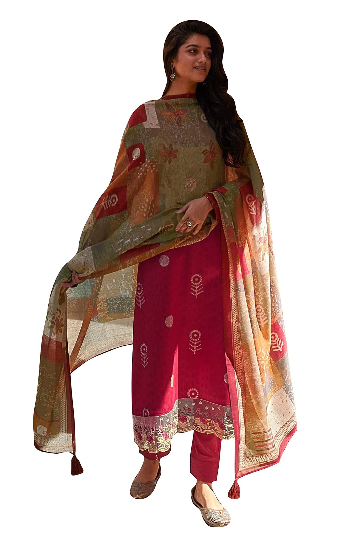 DRAVINAM Trends Women's Embroidered Digital Jaipuri Batik Printed Jam Cotton Unstitch Suit Material with Pure Masline Chunni (Grey)