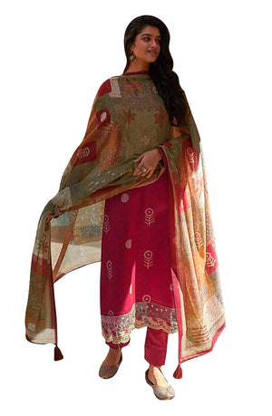 DRAVINAM Trends Women's Embroidered Digital Jaipuri Batik Printed Jam Cotton Unstitch Suit Material with Pure Masline Chunni (Grey)