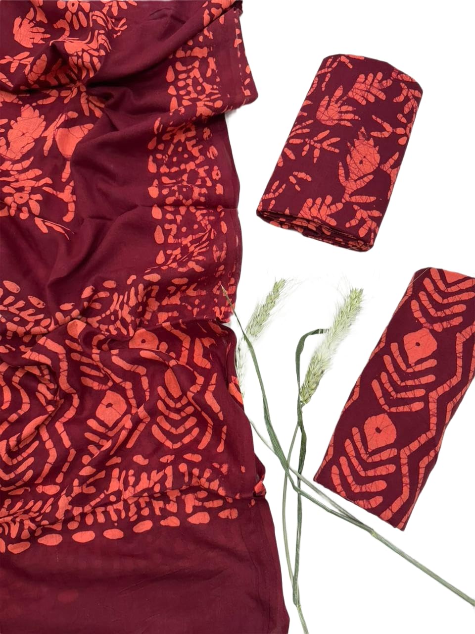 DRAVINAM Trends Premium Hand Block Floral Print Unstitched Pure Cotton Salwar Suit Set with Dupatta - Red & White