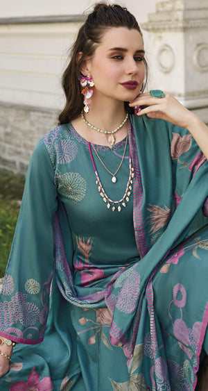 DRAVINAM Trends Women's Unstitched Salwar Suit Dress Material II Pure Jaam Silk Digital Print Hand Embroidered Kameez II Plain Unstitched Bottoms II Maslin Zari Bordered Dupatta