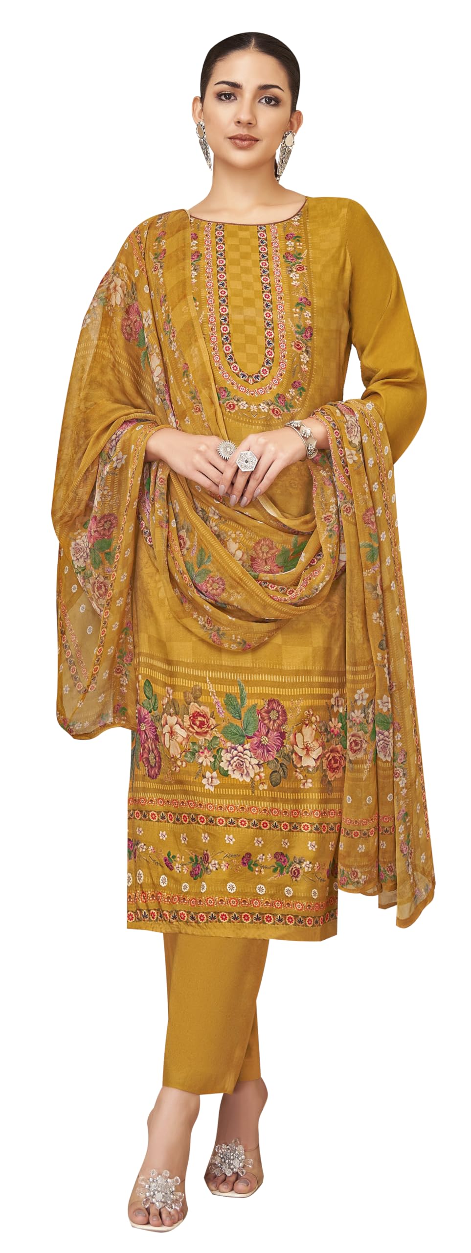 DRAVINAM Trends Women's Unstitched Viscose Maslin Hand Embroidered Suit Material - Viscose Maslin Digital Printed Hand Embroidered Kameez II Rayon Bottoms II Half Pure Digital Printed Dupatta