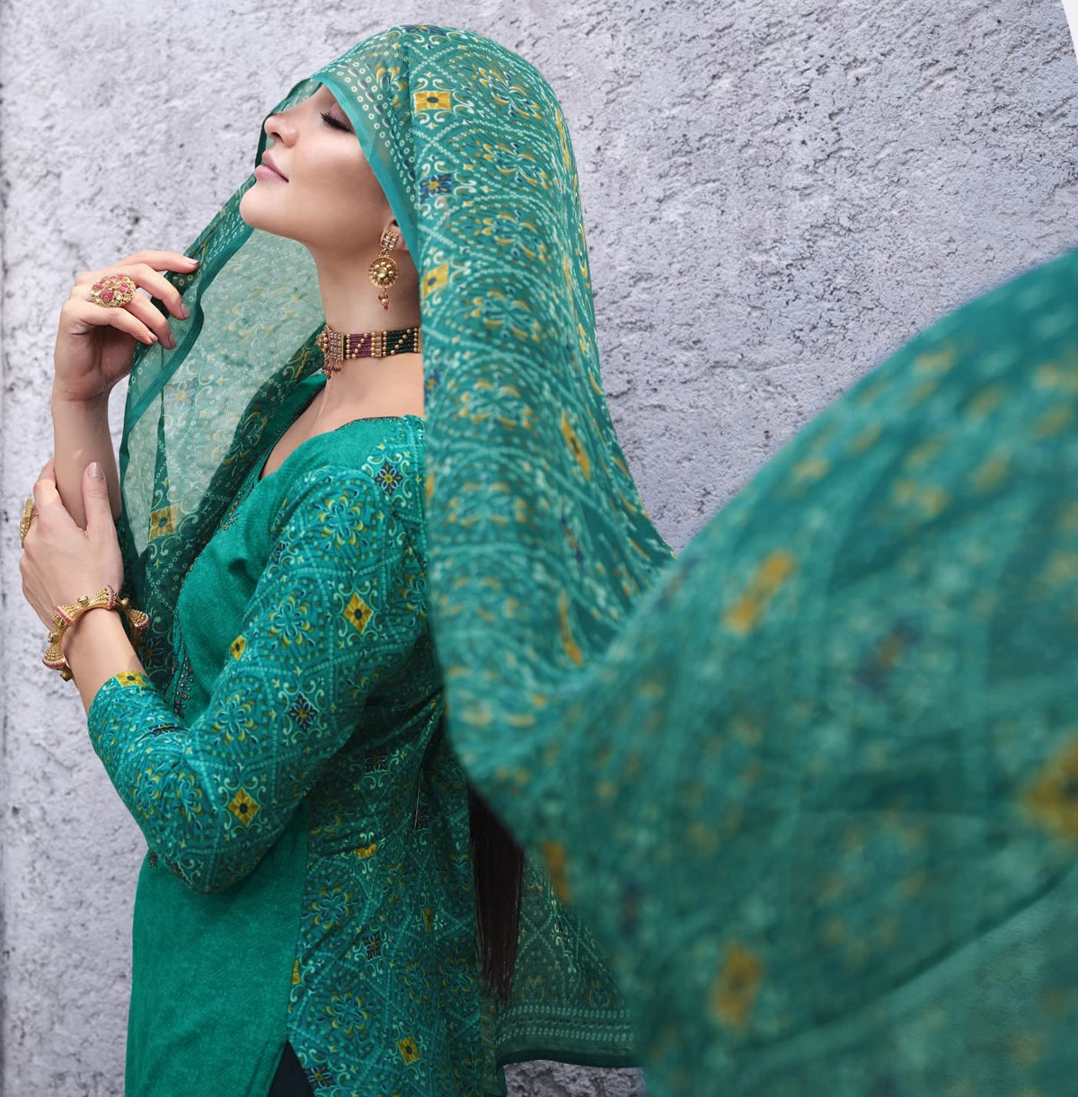DRAVINAM Trends Unstitched Printed Embroidered Rayon Salwar Suits Set with Chiffon Dupatta (Green)