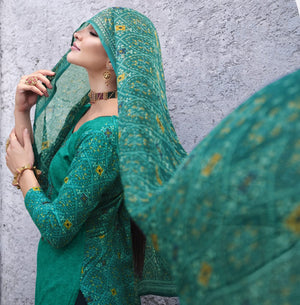 DRAVINAM Trends Unstitched Printed Embroidered Rayon Salwar Suits Set with Chiffon Dupatta (Green)
