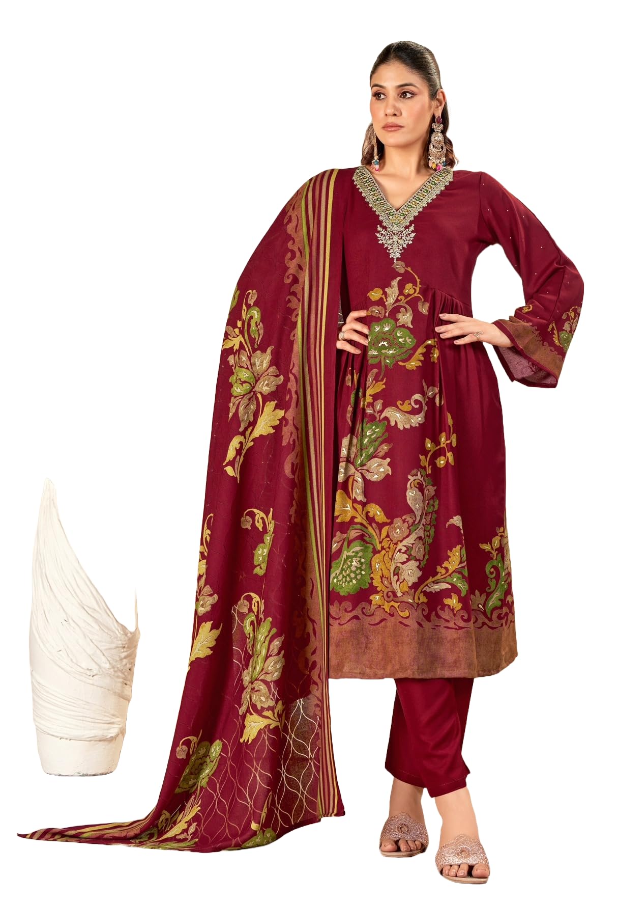 DRAVINAM Trends Women's Winter Wear Unstitched Digital Floral Printed Heavy Neck Embroidered Viscose Pashmina Woollen Salwar Suit Dress Material with Pashmina Digital Printed Brasso Shawl Dupatta