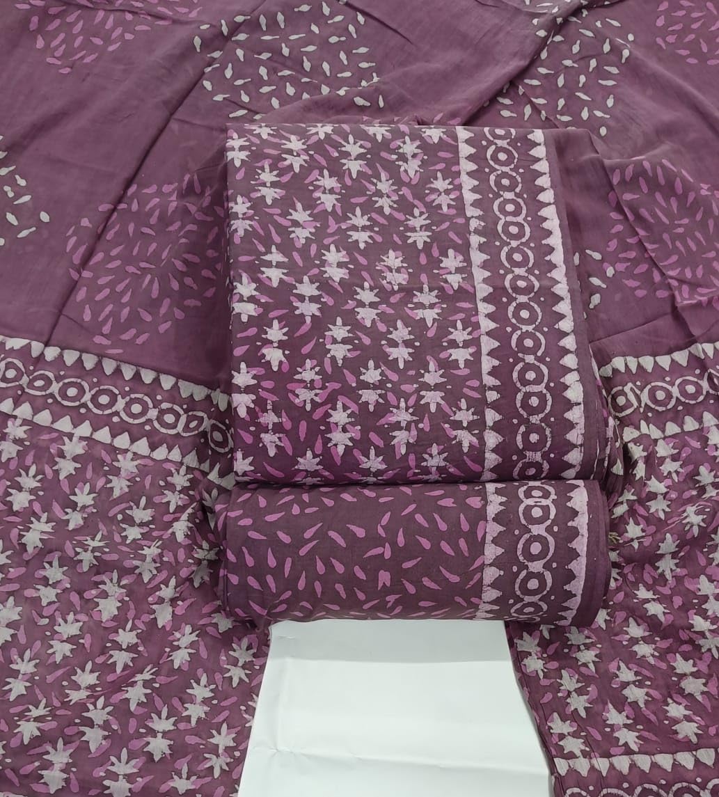 DRAVINAM Trends Hand Block Print Sanganeri Cambric Unstitched Cotton Suit Dress Material for Women with Mulmul Cotton Hand Printed Dupatta