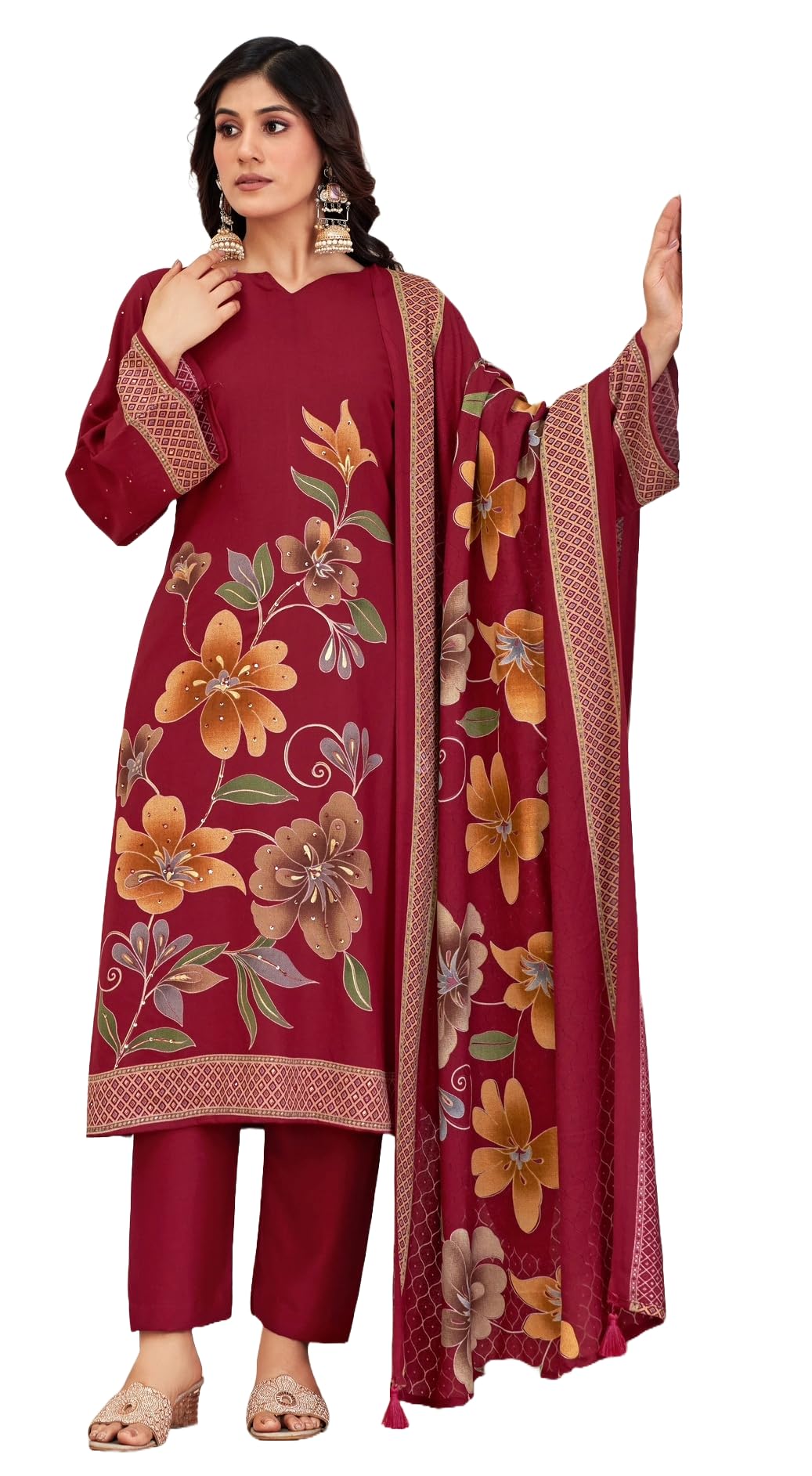DRAVINAM Trends Complete Unstitch Pashmina Suit Set: Pure Viscose Pashmina Foil Print Top with Fancy Embroidery (2.5 m) II Solid Bottoms (2.8 m) II Digital Print Shawl Dupatta (2.25 m)