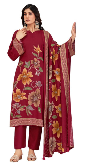 DRAVINAM Trends Complete Unstitch Pashmina Suit Set: Pure Viscose Pashmina Foil Print Top with Fancy Embroidery (2.5 m) II Solid Bottoms (2.8 m) II Digital Print Shawl Dupatta (2.25 m)