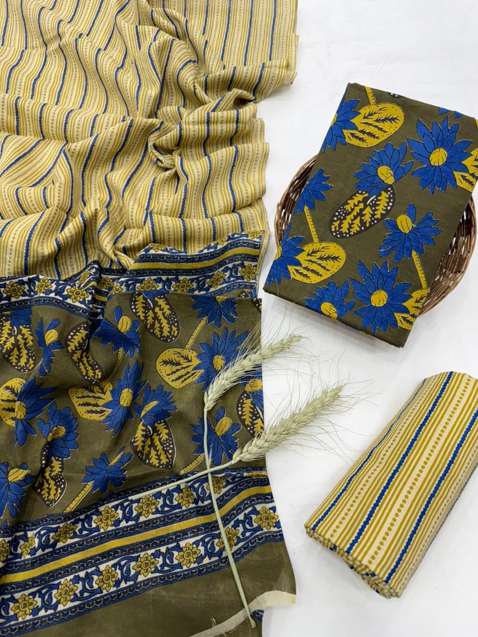 DRAVINAM Trends Hand Block Print Jaipuri Cambric Unstitched Cotton Suit Dress Material for Women with Mulmul Cotton Hand Printed Dupatta