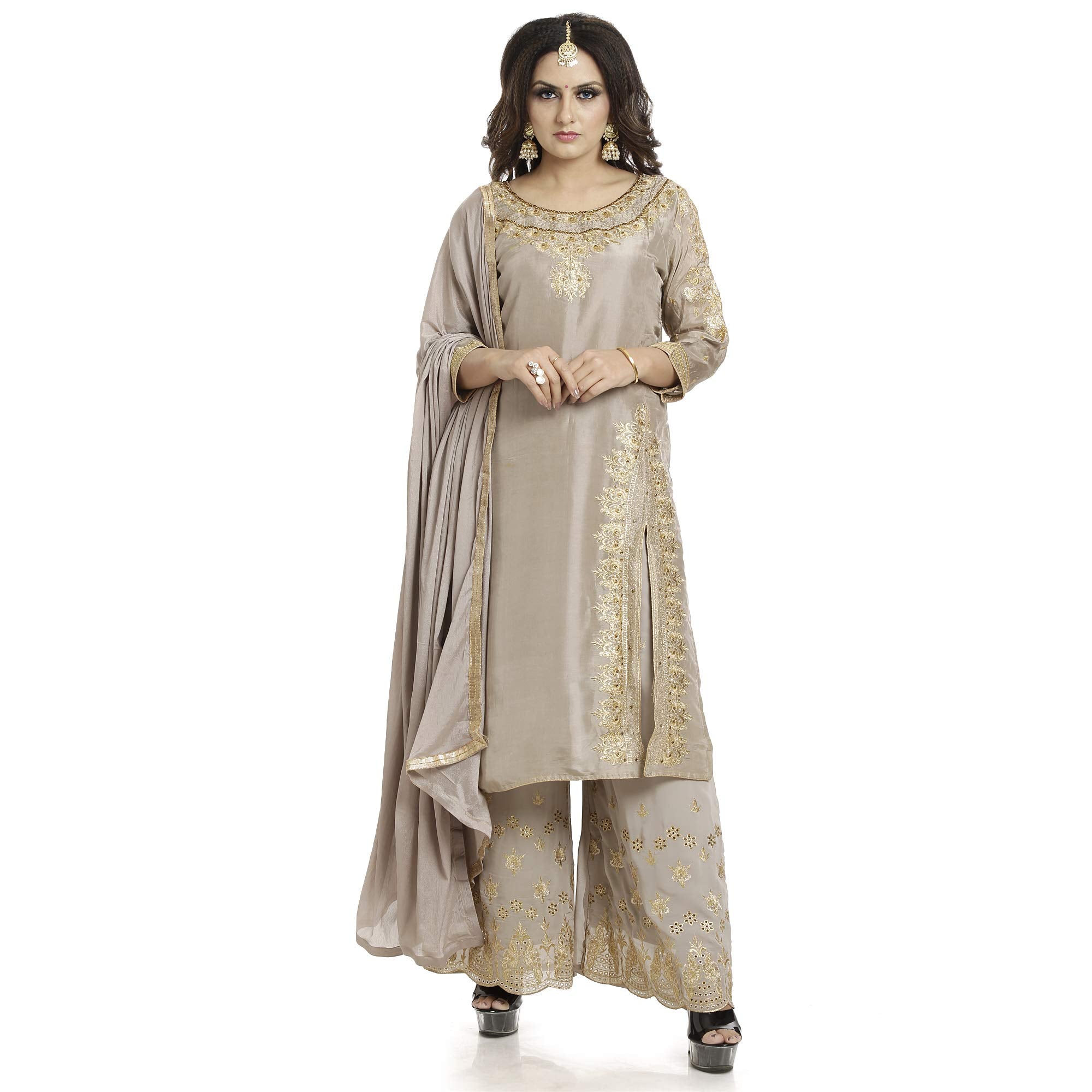 DRAVINAM Trends Women's Upada Silk Heavy Embroidered Stone Work Sharara Gharara Palazzo Suit Material with Dupatta (Fully Stitched Palazzo Max Waist size 44") (Grey)