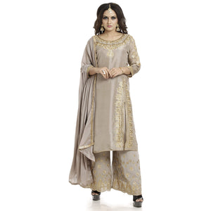 DRAVINAM Trends Women's Upada Silk Heavy Embroidered Stone Work Sharara Gharara Palazzo Suit Material with Dupatta (Fully Stitched Palazzo Max Waist size 44") (Grey)